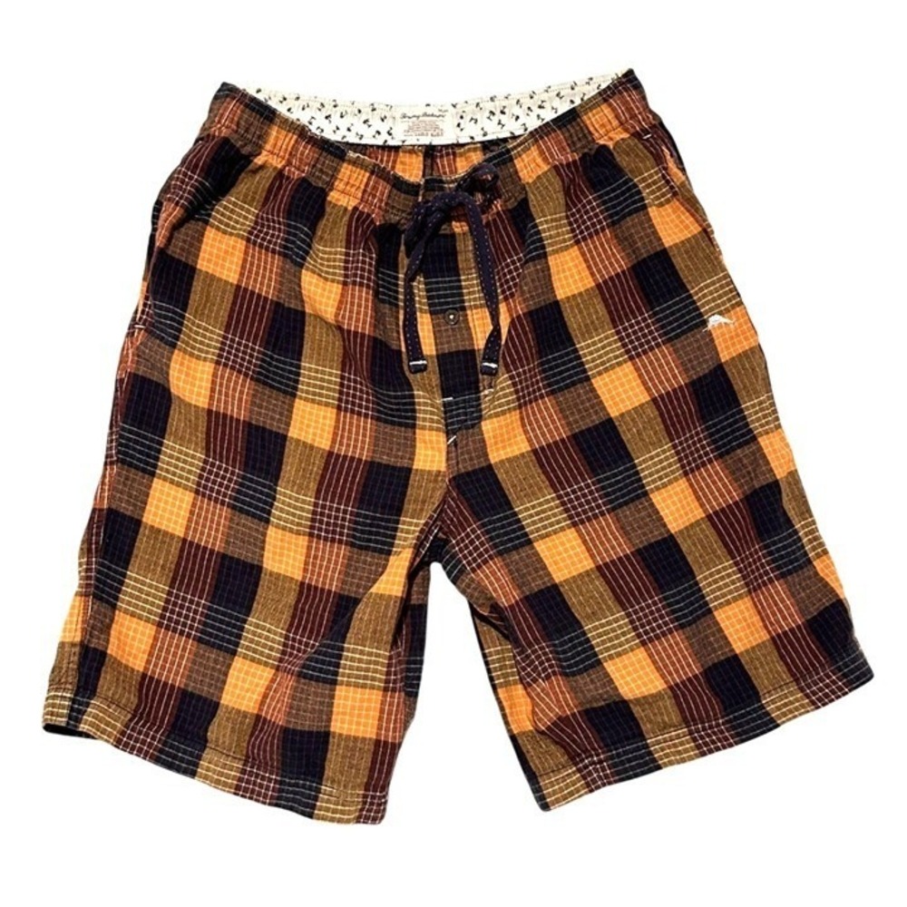 Tommy Bahama Mens Plaid Madras Yellow Brown Cotton Shorts Elastic Waist Medium